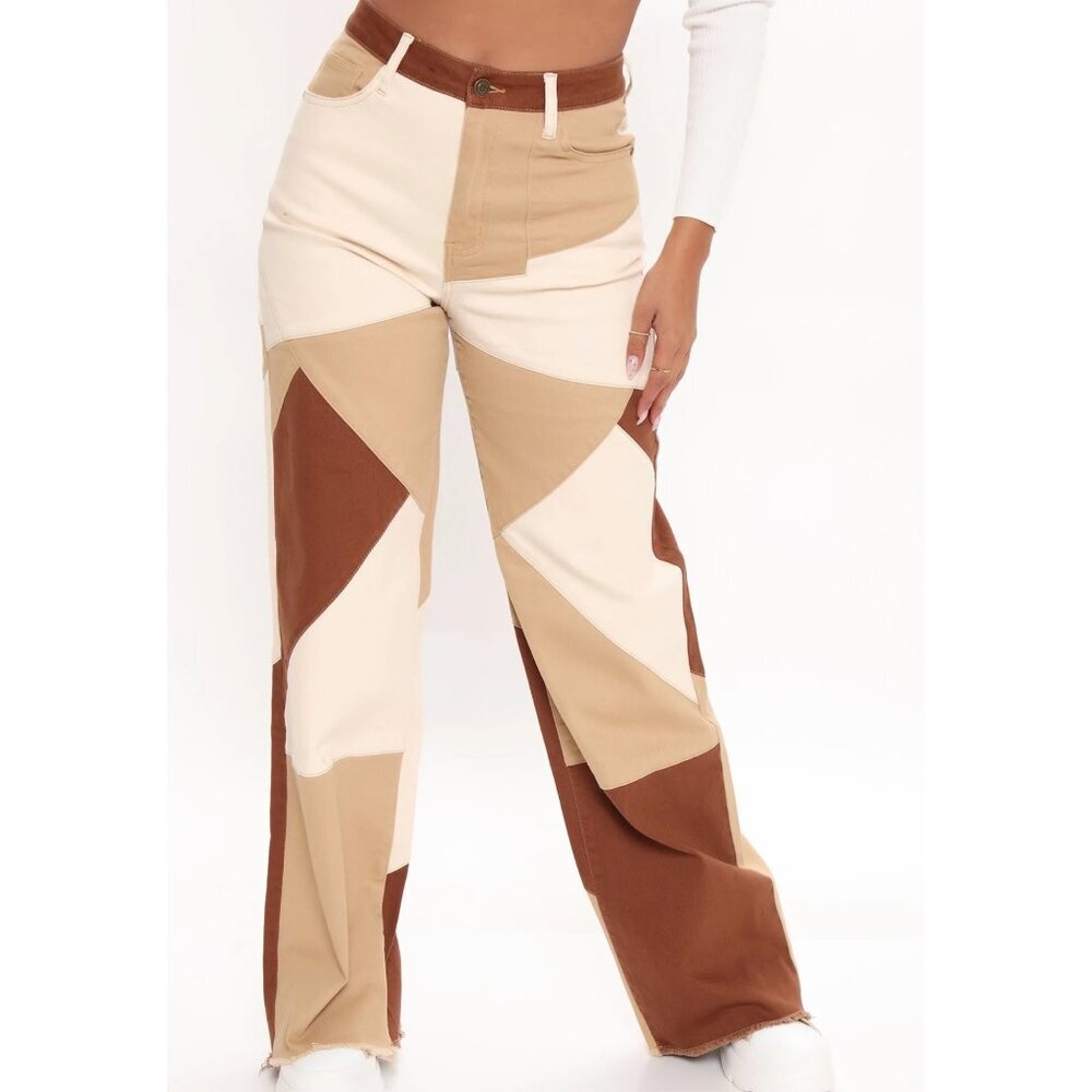 Fashion Nova ✦ Retro Patchwork Wide‑Leg Jeans ✦ Beige Brown Two‑Tone High Waist